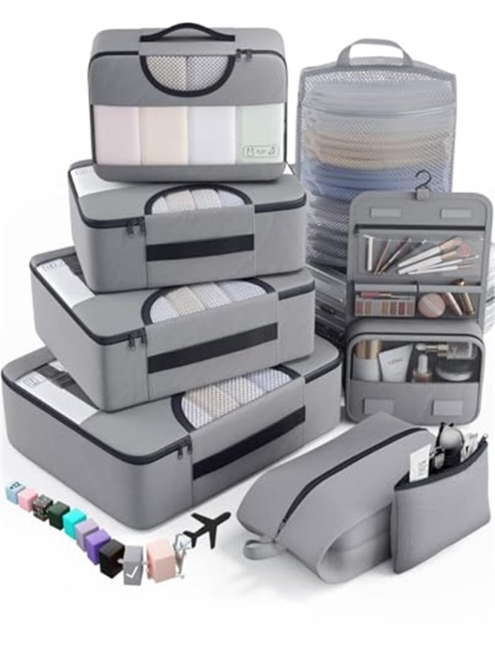 Packing Cubes 8 Piece Travel Suitcase Organizer Set Gray Luggage Storage Bags